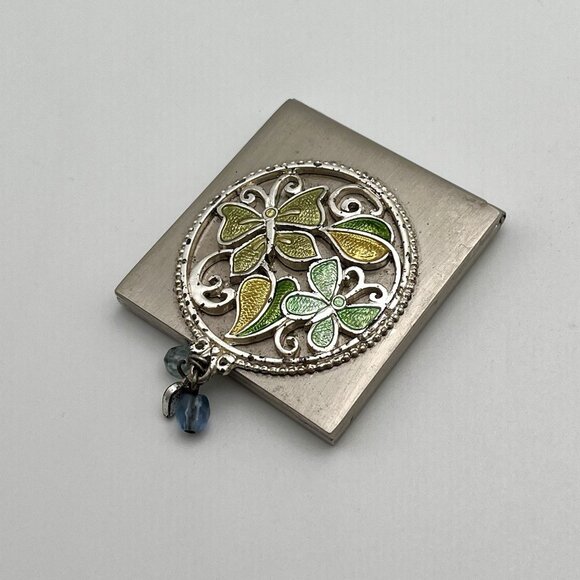 Vintage 70s Enamel Green Butterfly Compact Mirror Art Nouveau Boho Bead Charm - Picture 2 of 6